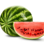 Green, striped, ripe watermelon with a slice in a cross-section, isolated on white background with copy space for text or images. Special kind of a berry. Sweet pink flesh with black seeds. Side view. Close-up shot.